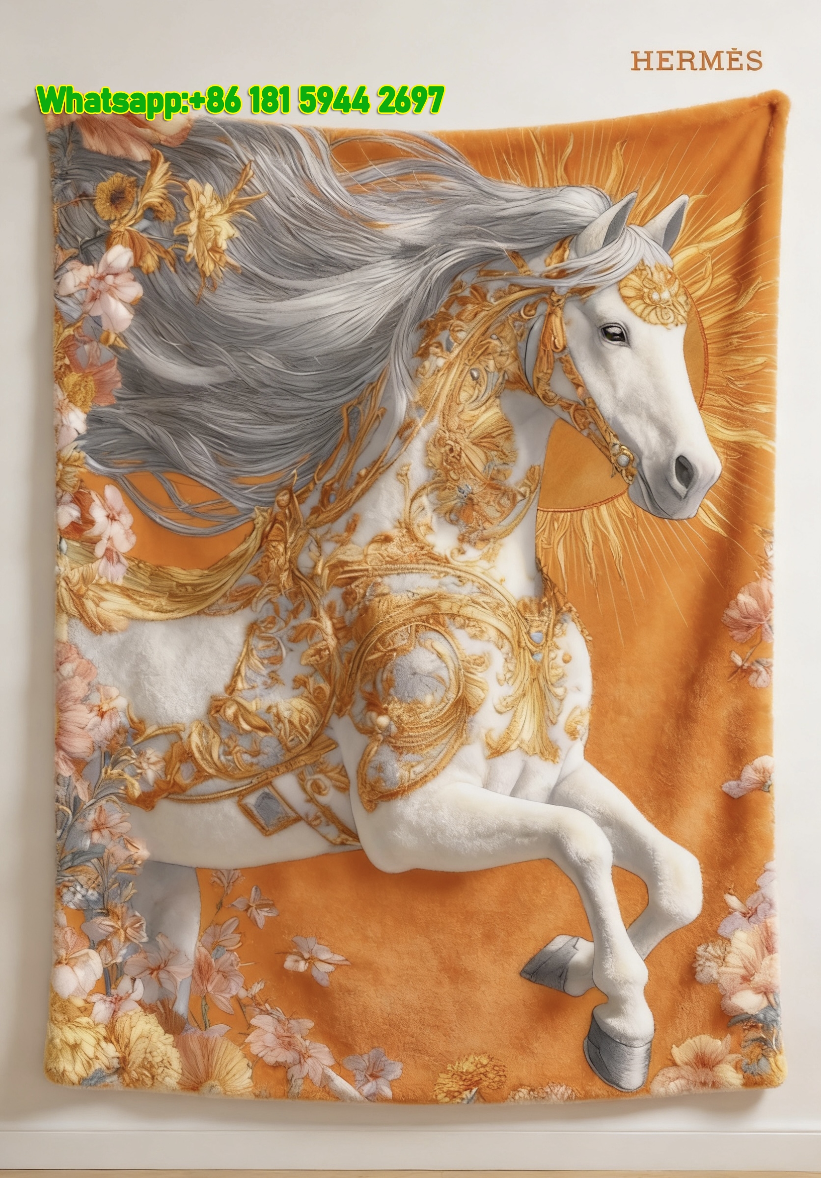 Hermes Golden Floral Horse Art Flannel Throw Blanket IMG_5314
